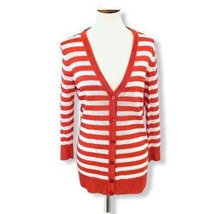 Talbots 100% Linen Cardigan Coral Orange Striped V-neck Button Up Womens Sz S
